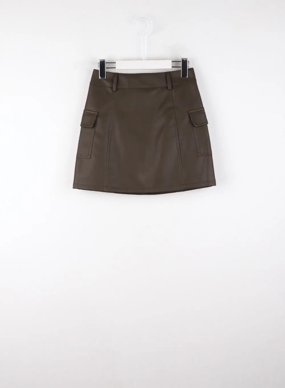 Solid Faux Leather Mid Waist Mini Skirt With Pocket CD328