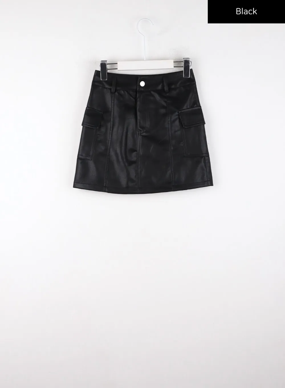 Solid Faux Leather Mid Waist Mini Skirt With Pocket CD328