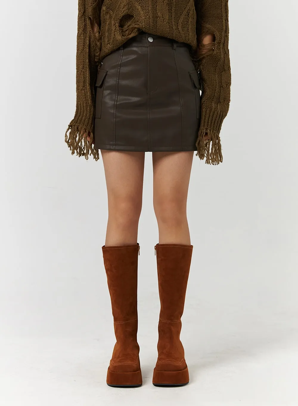 Solid Faux Leather Mid Waist Mini Skirt With Pocket CD328