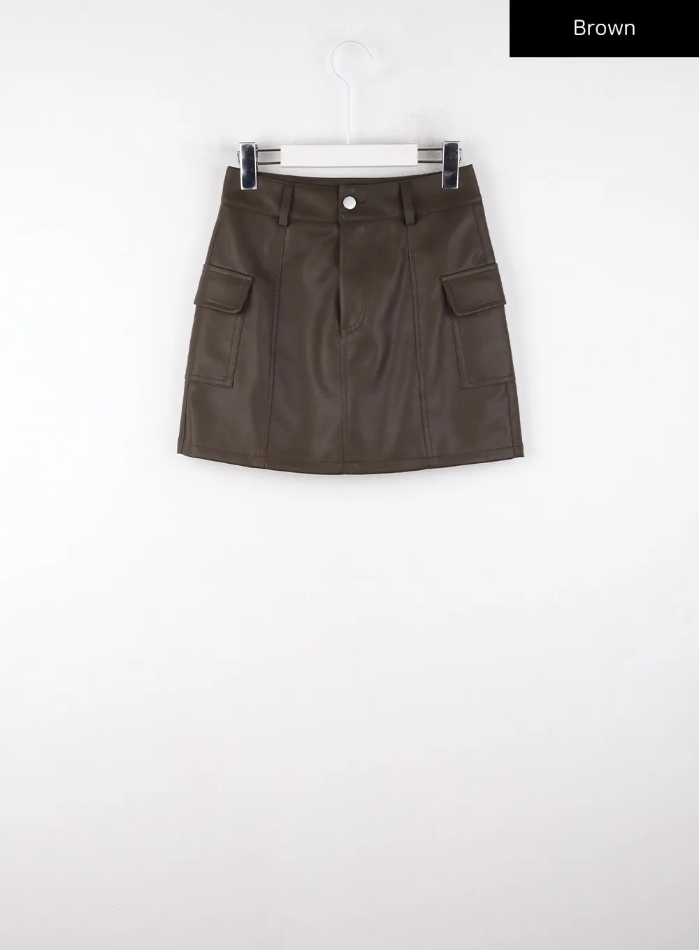 Solid Faux Leather Mid Waist Mini Skirt With Pocket CD328