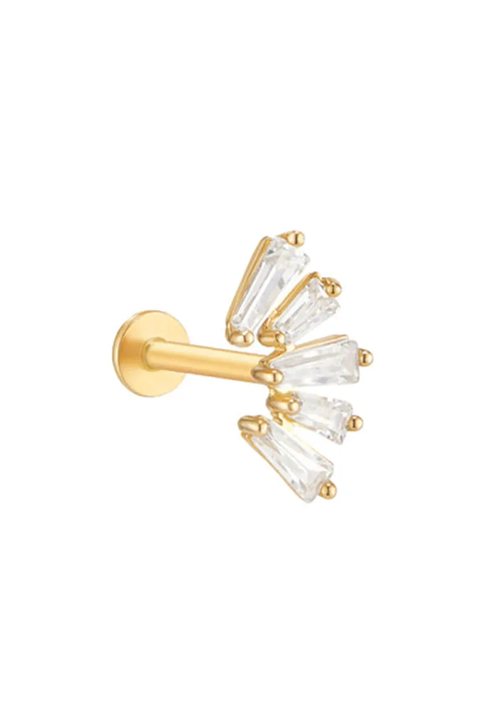 Internally Threaded Flat Back Earring Labret, 14K Solid Gold Baguette Cz