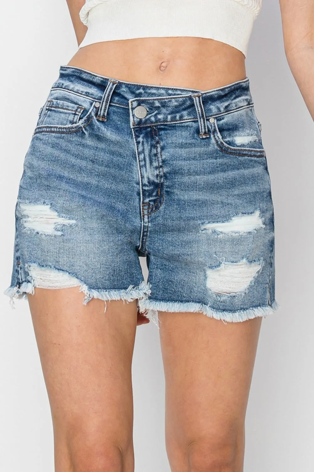 Frayed Denim Shorts with Stepped Waist