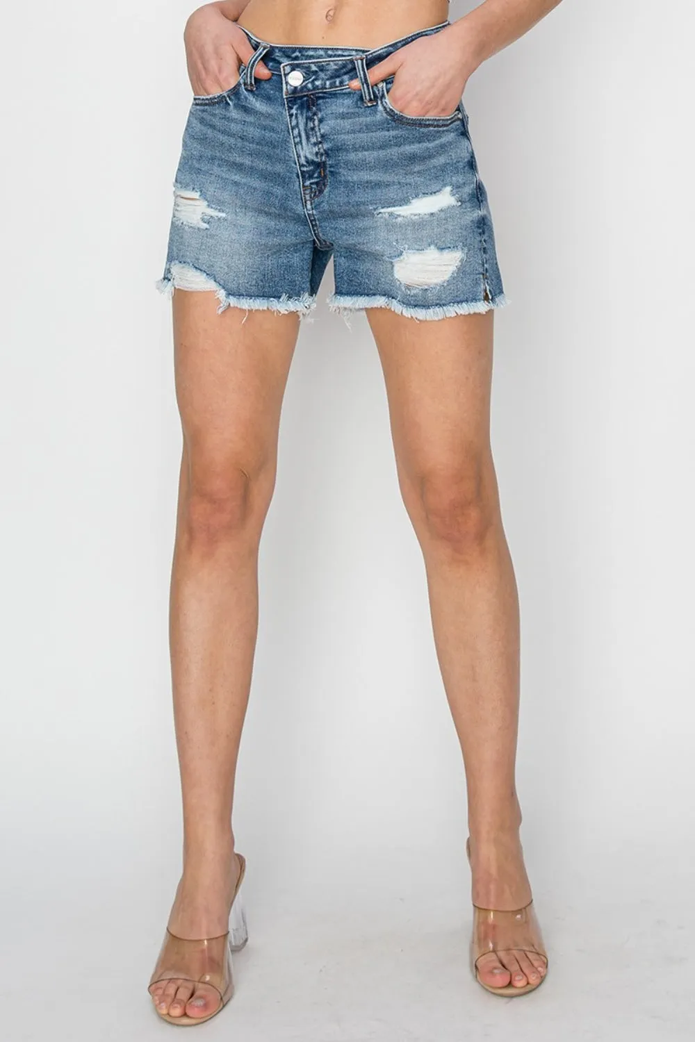 Frayed Denim Shorts with Stepped Waist