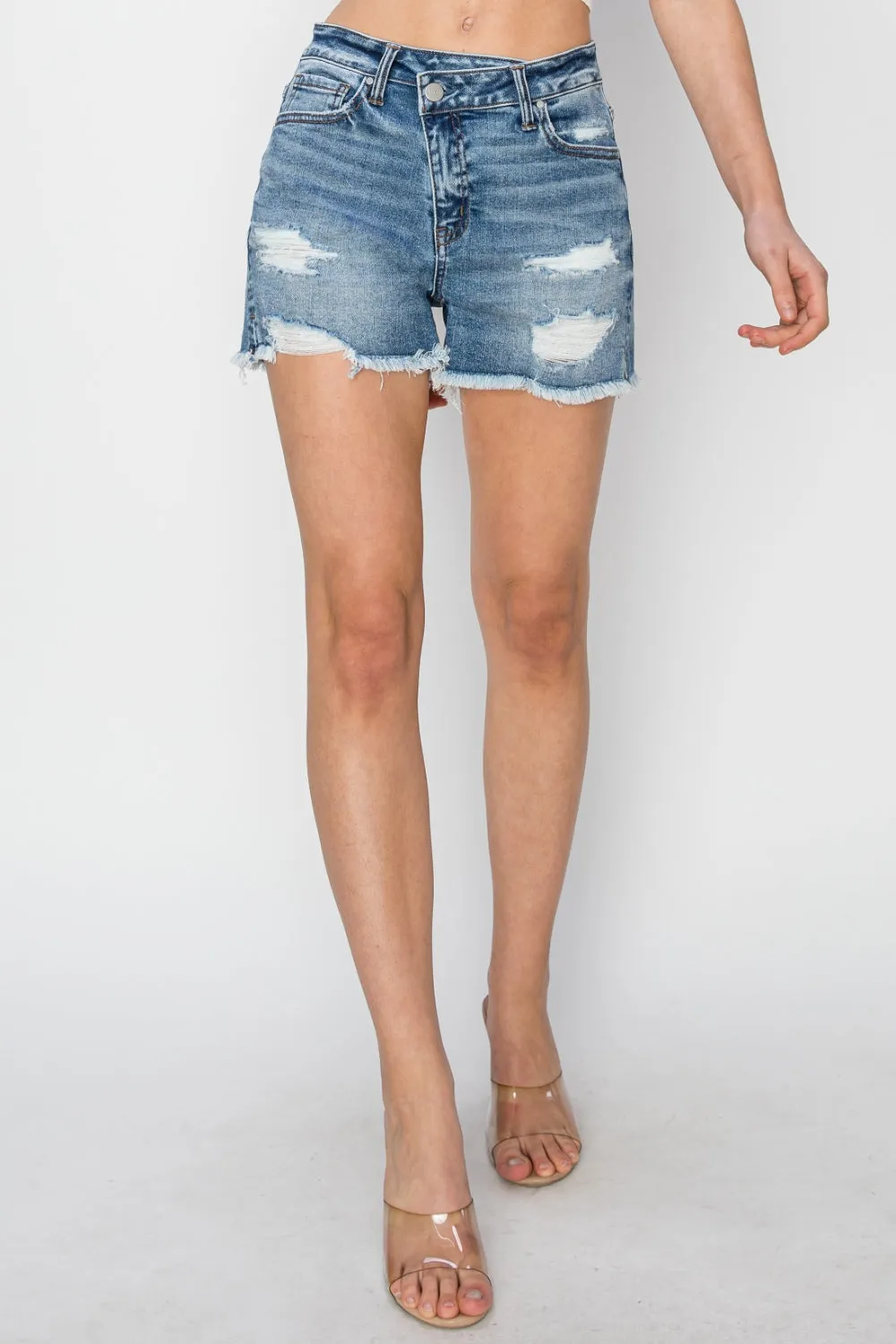 Frayed Denim Shorts with Stepped Waist