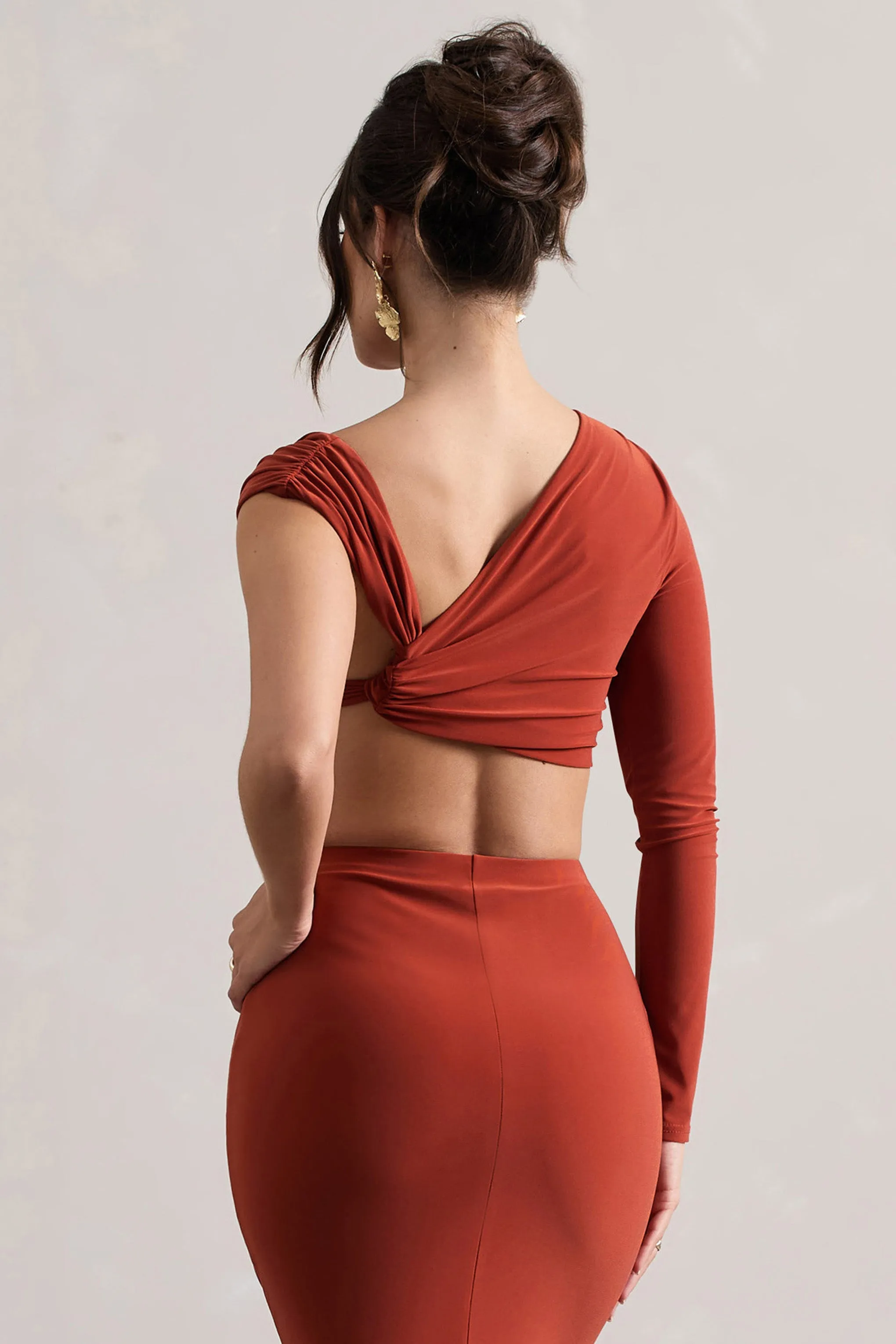 Terracotta Ruched Asymmetric Crop Top with One Sleeve by Agalia