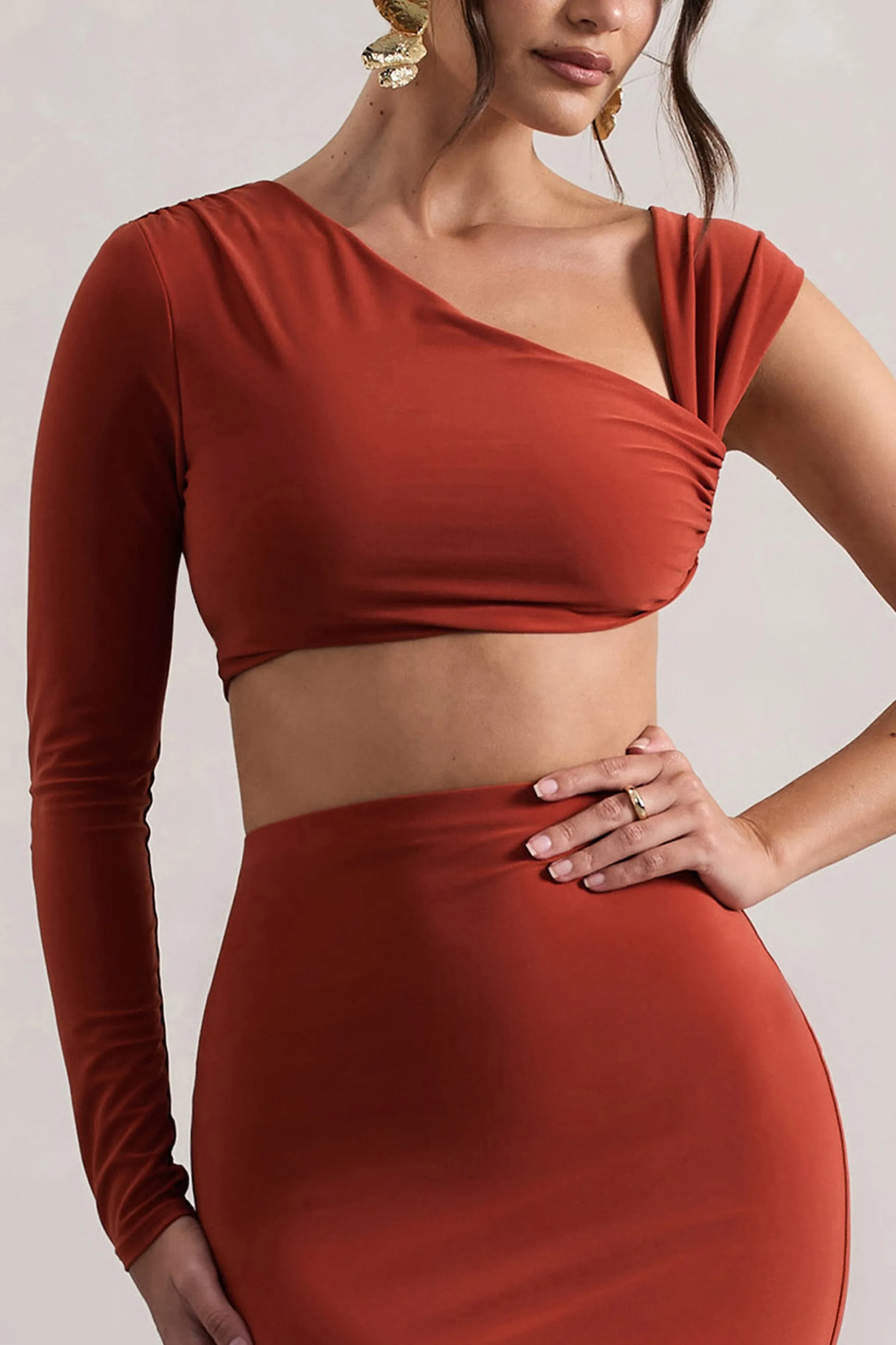 Terracotta Ruched Asymmetric Crop Top with One Sleeve by Agalia