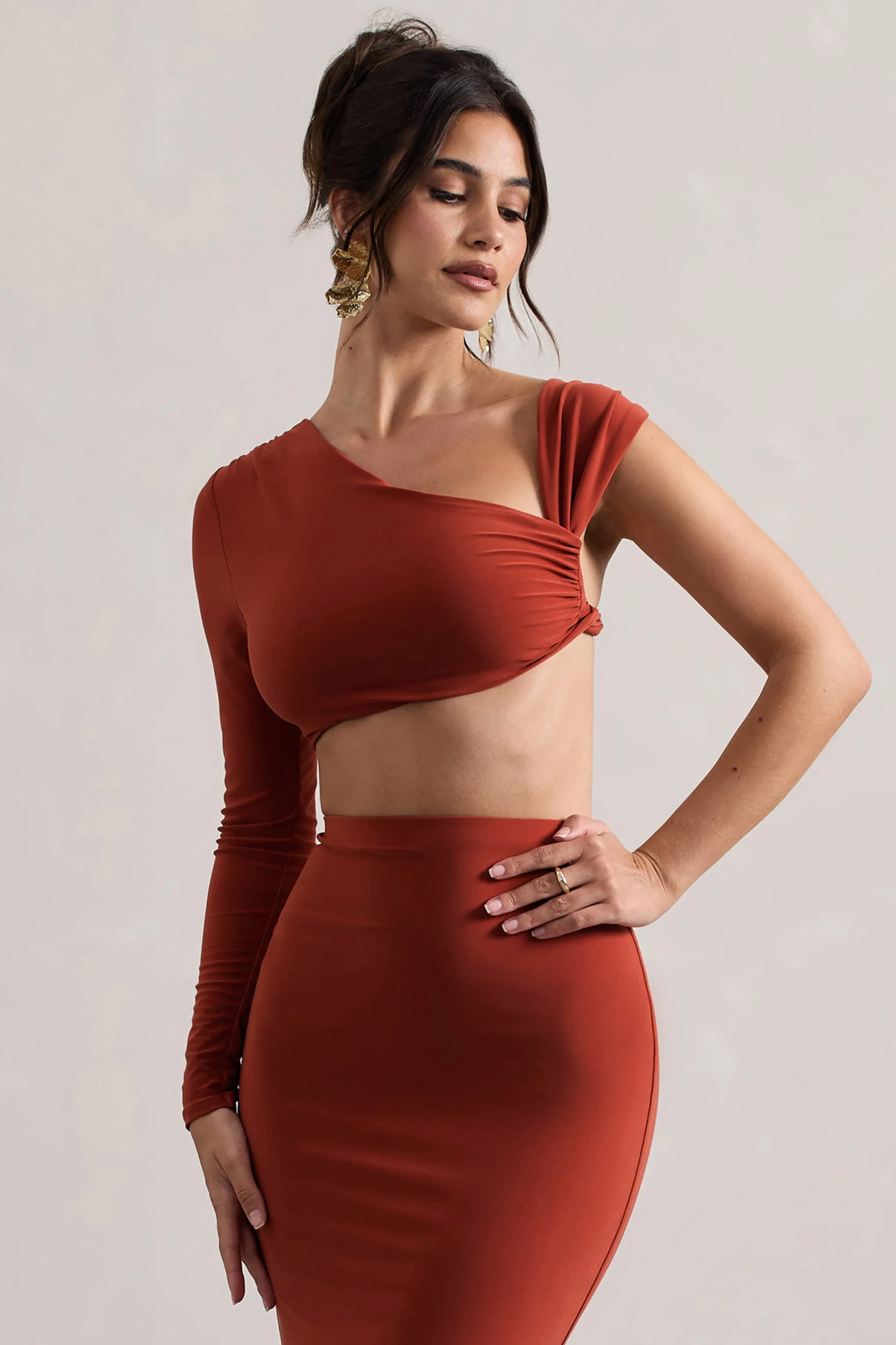 Terracotta Ruched Asymmetric Crop Top with One Sleeve by Agalia