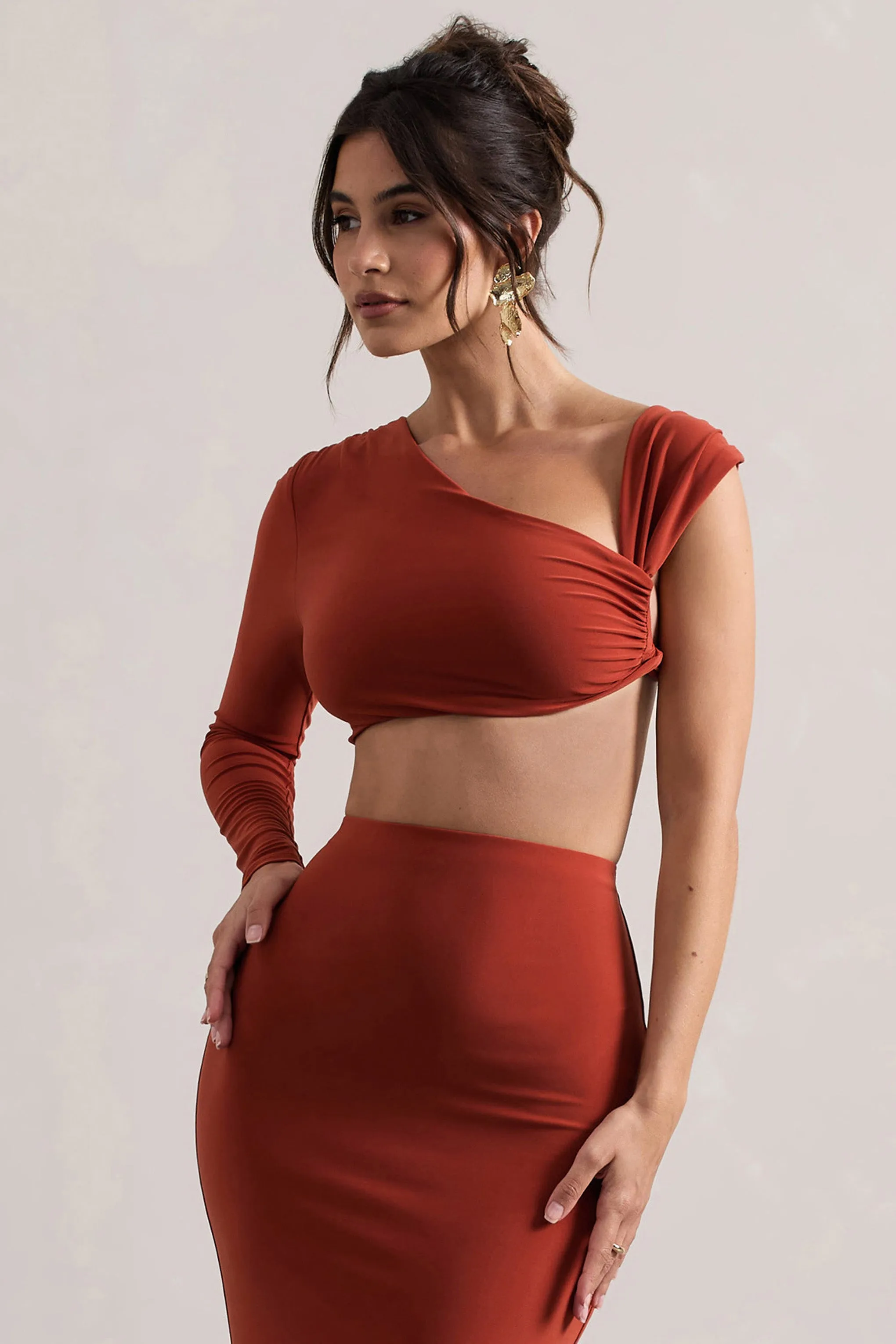 Terracotta Ruched Asymmetric Crop Top with One Sleeve by Agalia