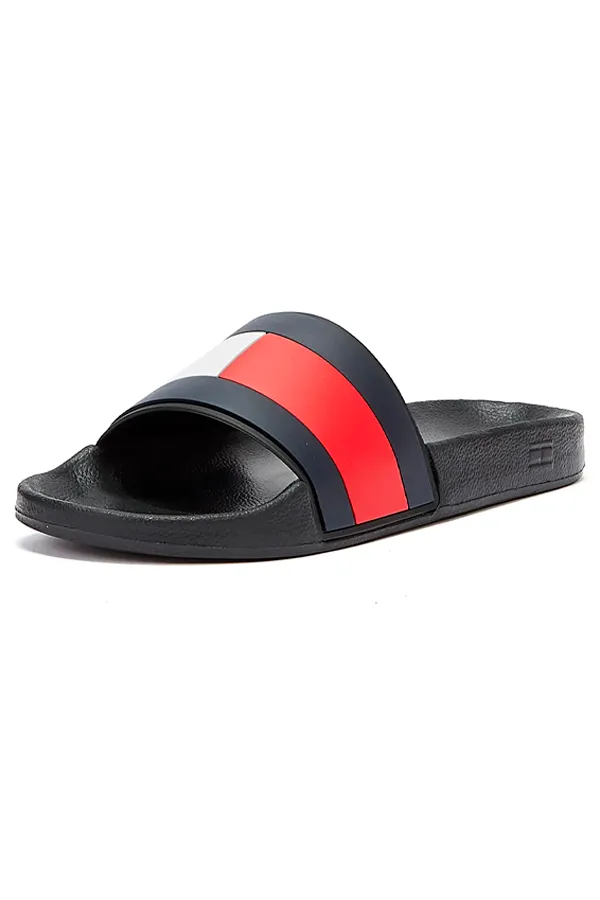 Tommy Hilfiger Black Pool Slides Flag Logo