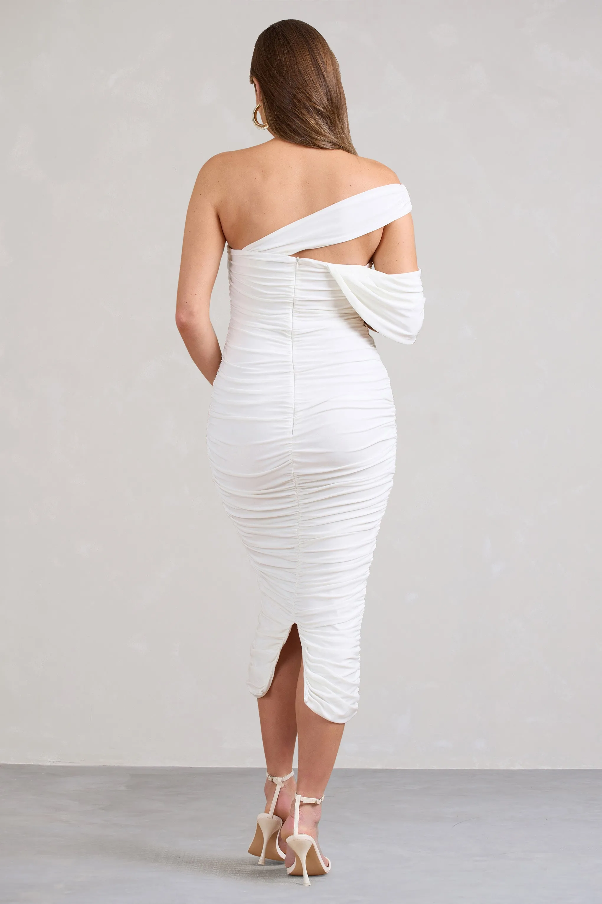 White Asymmetric Ruched Maternity Midi Dress