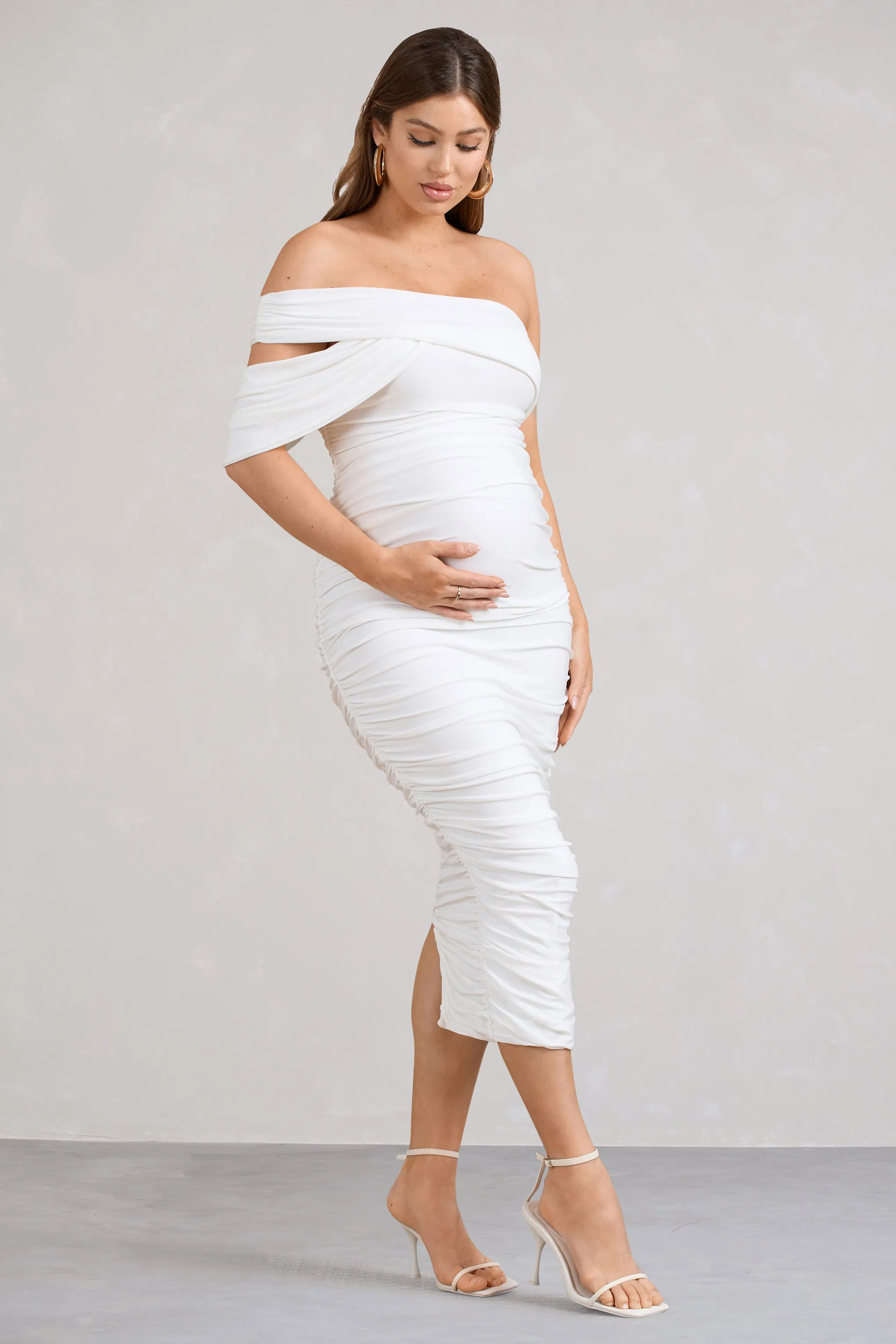 White Asymmetric Ruched Maternity Midi Dress