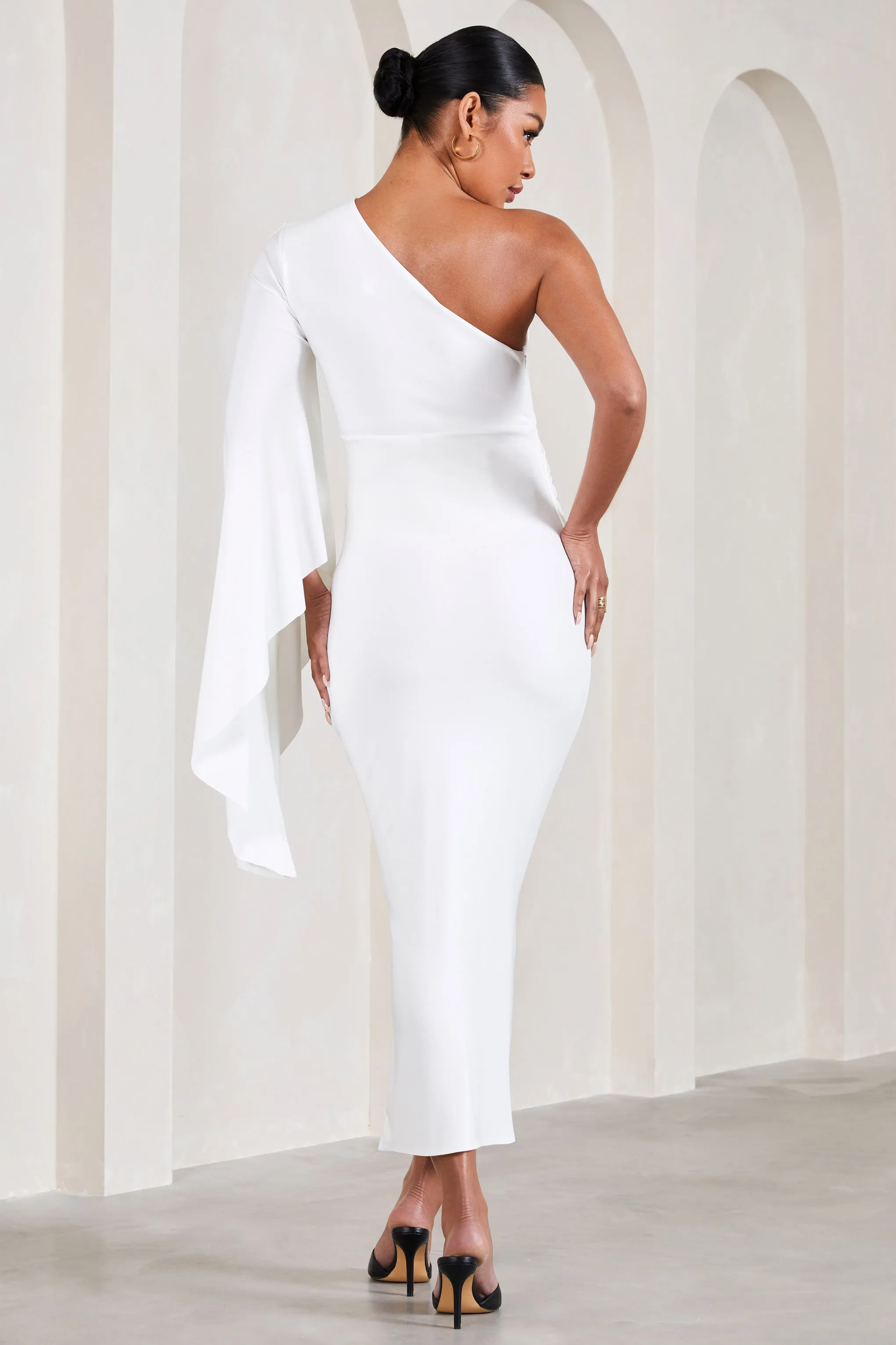 White Ruched Maternity Midi Dress