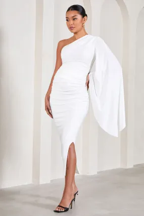 White Ruched Maternity Midi Dress