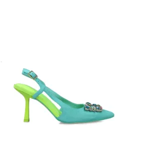 Women's Jewel Embellished High Heel Turquoise Sling Back Sandals