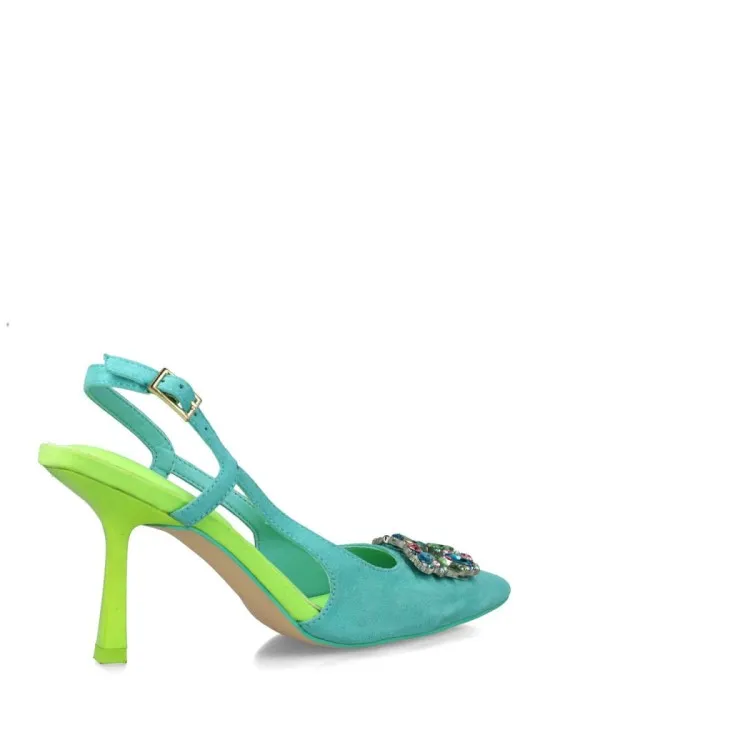 Women's Jewel Embellished High Heel Turquoise Sling Back Sandals