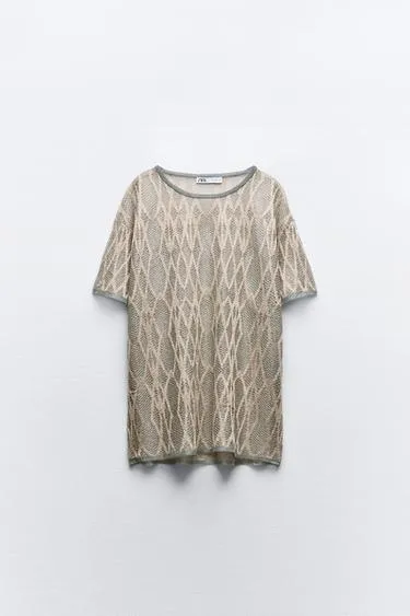 Elegant Metallic V-neck & Crew Neck Casual Top by ZARA