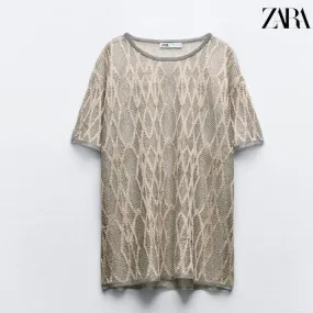 Elegant Metallic V-neck & Crew Neck Casual Top by ZARA