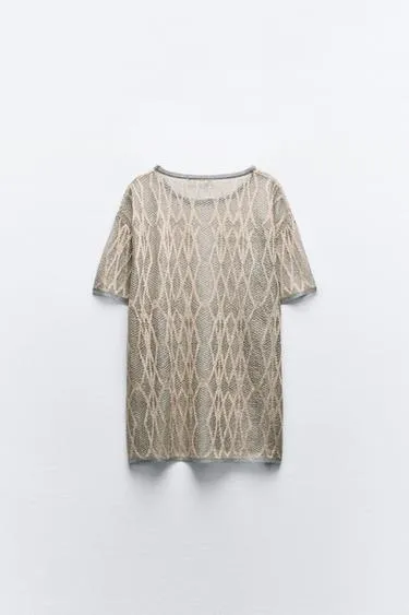 Elegant Metallic V-neck & Crew Neck Casual Top by ZARA